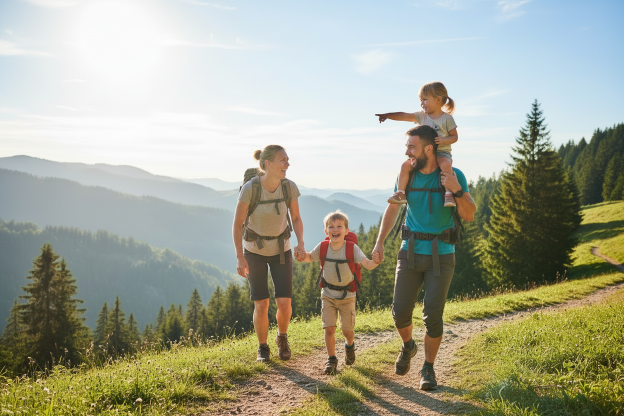 Happy family hiking with neat backpacks
